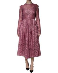 Dolce & Gabbana - Pink Floral Lace Long Sleeve Midi Dress - Lyst
