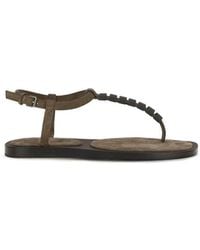 Brunello Cucinelli - Brown Calf Leather Bos Taurus Flat Sandals - Lyst