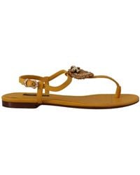 Dolce & Gabbana - Mustard T-Strap Flat Sandals With Heart Embellishment - Lyst