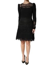 Dolce & Gabbana - Black Lace Sheer Panel Midi Long Sleeve Dress - Lyst
