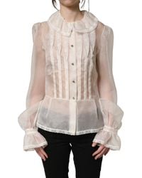 Dolce & Gabbana - White Ruffled Sheer Silk Buttoned Blouse Top - Lyst