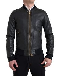 Dolce & Gabbana - Black Leather Blouson Full Zip Bomber Jacket - Lyst