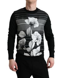 Dolce & Gabbana - Black Floral Print Wool Silk Pullover Sweater - Lyst