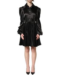 Dolce & Gabbana - Black Satin Long Puff Sleeves Pleated Dress - Lyst