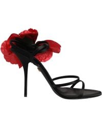 Dolce & Gabbana - Black Leather Strappy Flower Heels Sandals Shoes - Lyst