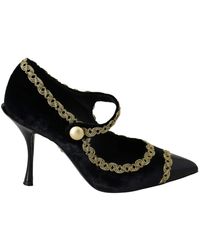 Dolce & Gabbana - Dolce Gabbana Black Velvet Gold Mary Janes Pumps - Lyst