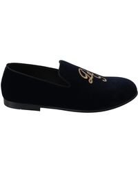 Dolce & Gabbana - Blue Velvet Gold Logo Slipper Loafers Shoes - Lyst