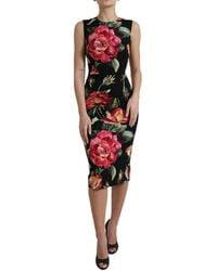 Dolce & Gabbana - Black Floral Print Silk Sheath Midi Dress - Lyst