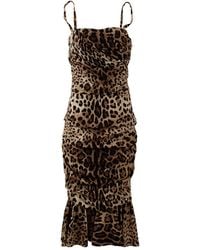 Dolce & Gabbana - Leopard Print Ruched Midi Dress Silk Elastane - Lyst