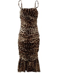 Dolce & Gabbana - Brown Stretch Leopard Print Midi Dress - Lyst