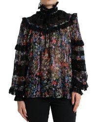 Dolce & Gabbana - Black Floral Print Long Sleeves Blouse Top - Lyst