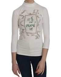 Exte - White Printed Turtle Neck 3/4 Sleeve Top Cotton Blouse - Lyst