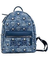 MCM - Stark Small Blue Vintage Jacquard Monogram Logo Fabric Backpack Bookbag - Lyst