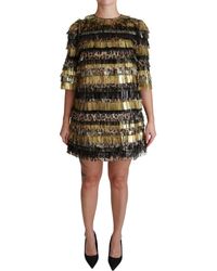 Dolce & Gabbana - Dolce Gabbana Polyester Black Gold Leopard Shift Mini Dress - Lyst