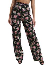 Dolce & Gabbana - Black Floral Wool High Waist Wide Leg Pants - Lyst