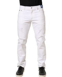 Dolce & Gabbana - White Cotton Ripped Slim Fit Men Denim Jeans - Lyst