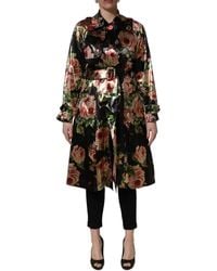 Dolce & Gabbana - Black Floral Belted Polyester Trench Coat Jacket - Lyst