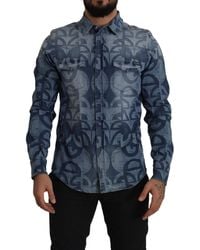 Dolce & Gabbana - Blue Denim Stretch Dg Logo Casual Slim Shirt - Lyst