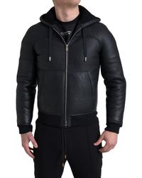 Dolce & Gabbana - Black Leather Full Zip Hoodedjacket - Lyst