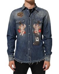 Dolce & Gabbana - Blue Angel Patch Denim Buttoned Down Men Shirt - Lyst