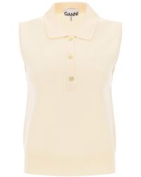 Ganni - Sleeveless Polo Shirt In Wool And Cashmere - Lyst