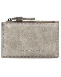 Brunello Cucinelli - Suede Card Holder With Shiny Zipper Pull - Lyst