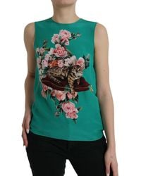 Dolce & Gabbana - Green Floral Cat Silk Round Neck Tank Top - Lyst