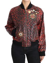 Dolce & Gabbana - Red Leopard Button Crystal Leather Jacket - Lyst