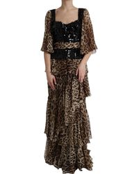 Dolce & Gabbana - Leopard Print Silk Sequin Ruffle Maxi Dress - Lyst