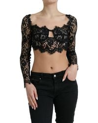 Dolce & Gabbana - Black Nylon Floral Lace Bustier Cropped Top - Lyst
