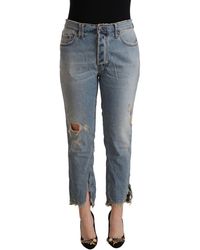 CYCLE - Light Blue Distressed Mid Waist Cropped Denim Jeans - Lyst