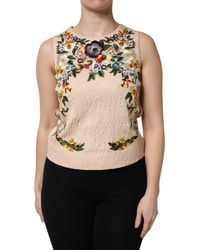 Dolce & Gabbana - Beige Floral Embroidery Sleeveless Tank Top - Lyst