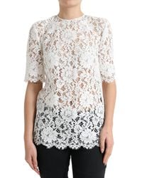 Dolce & Gabbana - Floral Lace Cotton Round Neck Blouse Top - Lyst