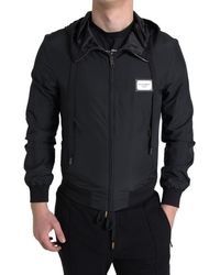 Dolce & Gabbana - Black Hooded Nylon Bomber Full Zip Sweater - Lyst