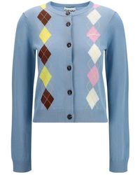 Ganni - Blue Cotton Cardigan - Lyst