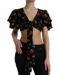 Dolce & Gabbana - Black Floral Print Short Sleeves Cropped Top - Lyst