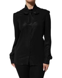 Dolce & Gabbana - Black Viscose Long Sleeve Tie Neck Blouse Top - Lyst
