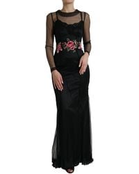 Dolce & Gabbana - Black Floral Embroidery Mesh Tulle Gown Dress - Lyst