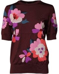 Dolce & Gabbana - Maroon Floral Silk Crew Neck Blouse Top - Lyst