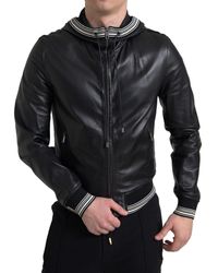 Dolce & Gabbana - Black Leather Full Zip Hoodedjacket - Lyst