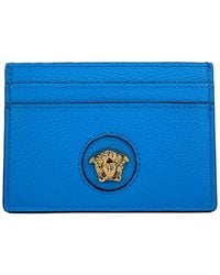 Versace - Mini Medusa Blue Grainy Leather Slim Card Case Wallet - Lyst