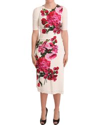 Dolce & Gabbana - Dolce Gabbana White Floral Printed Crepe Midi Slit Dress - Lyst