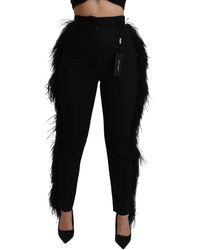Dolce & Gabbana - Black Feather Straight High Waist Wool Pants - Lyst