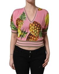 Dolce & Gabbana - Pink Pineapple Vneck Short Sleeve Cropped Top - Lyst