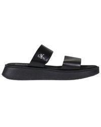 Calvin Klein - Black Leather Flat Sandals - Lyst