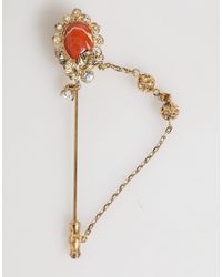 Dolce & Gabbana - Gold Brass Crystal Chain 925 Sterling Silver Pin Brooch - Lyst