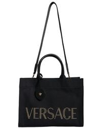 Versace - Black Top Handle Canvas Leather Logo Crossbody Tote Bag - Lyst