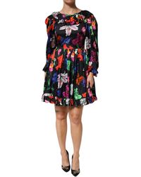MSGM - Dress Black Multicolor Floral Ruffle Long Sleeve Mini Dress - Lyst