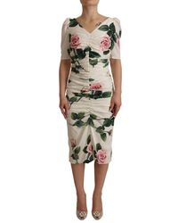 Dolce & Gabbana - White Roses Print Stretch Silk Pleated Dress - Lyst