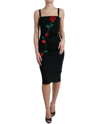 Dolce & Gabbana - Black Roses Wool Sheath Bodycon Midi Dress - Lyst